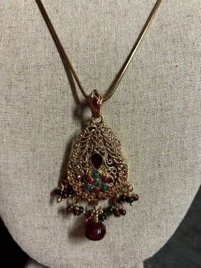 Gold-Tone Filigree Pendant Necklace with Red and Green Accents vintage Moroccan